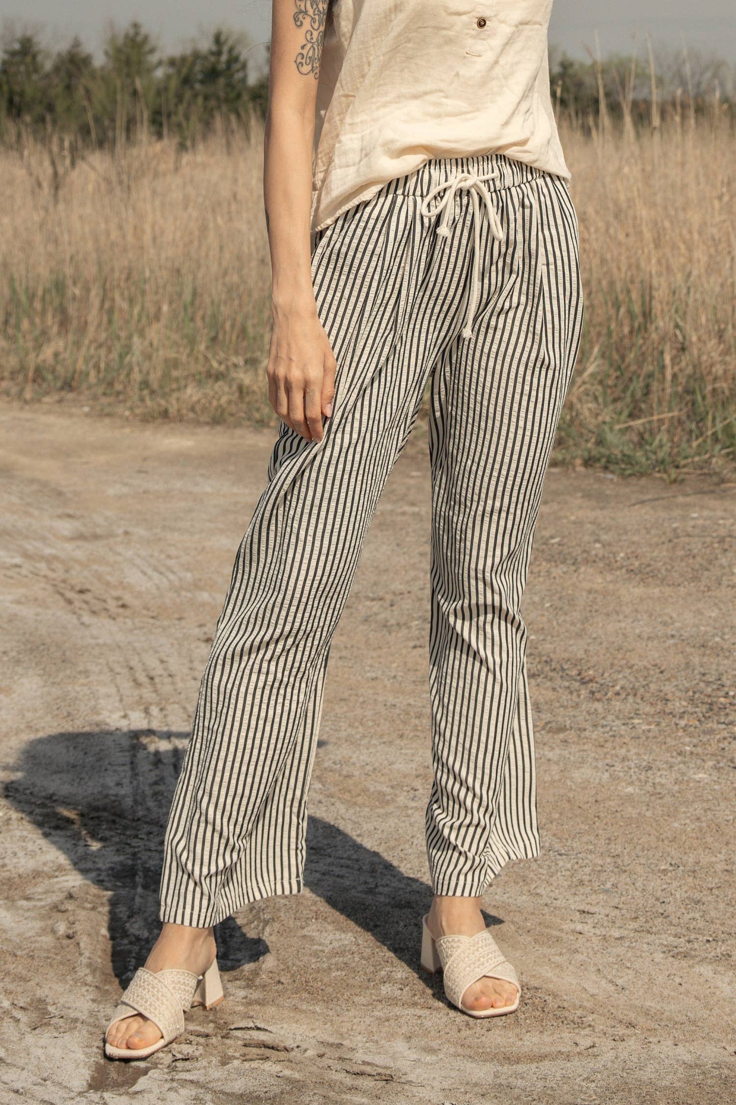 Stegla Elastic Waist Tie Stripe Wide Fit Pants