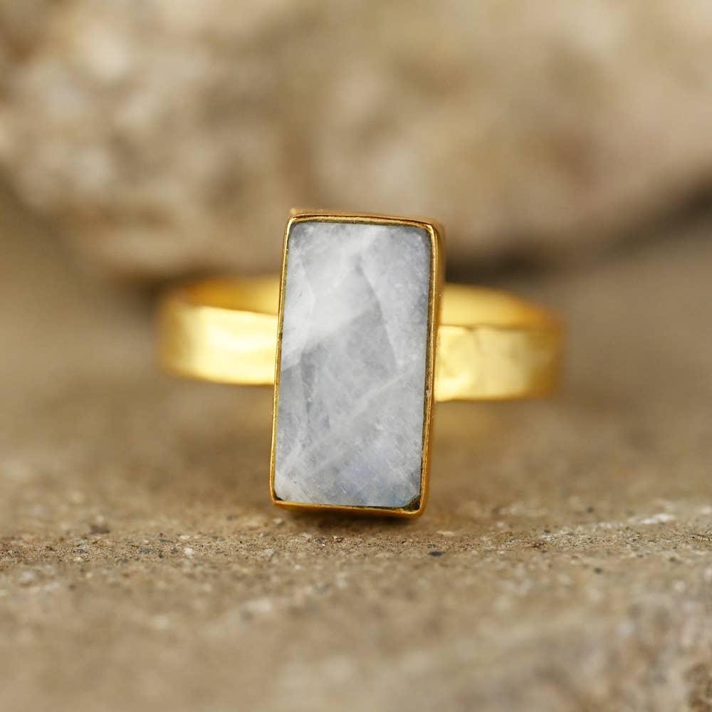 Moonstone Rectangle Ring on a Hand Hammered Band