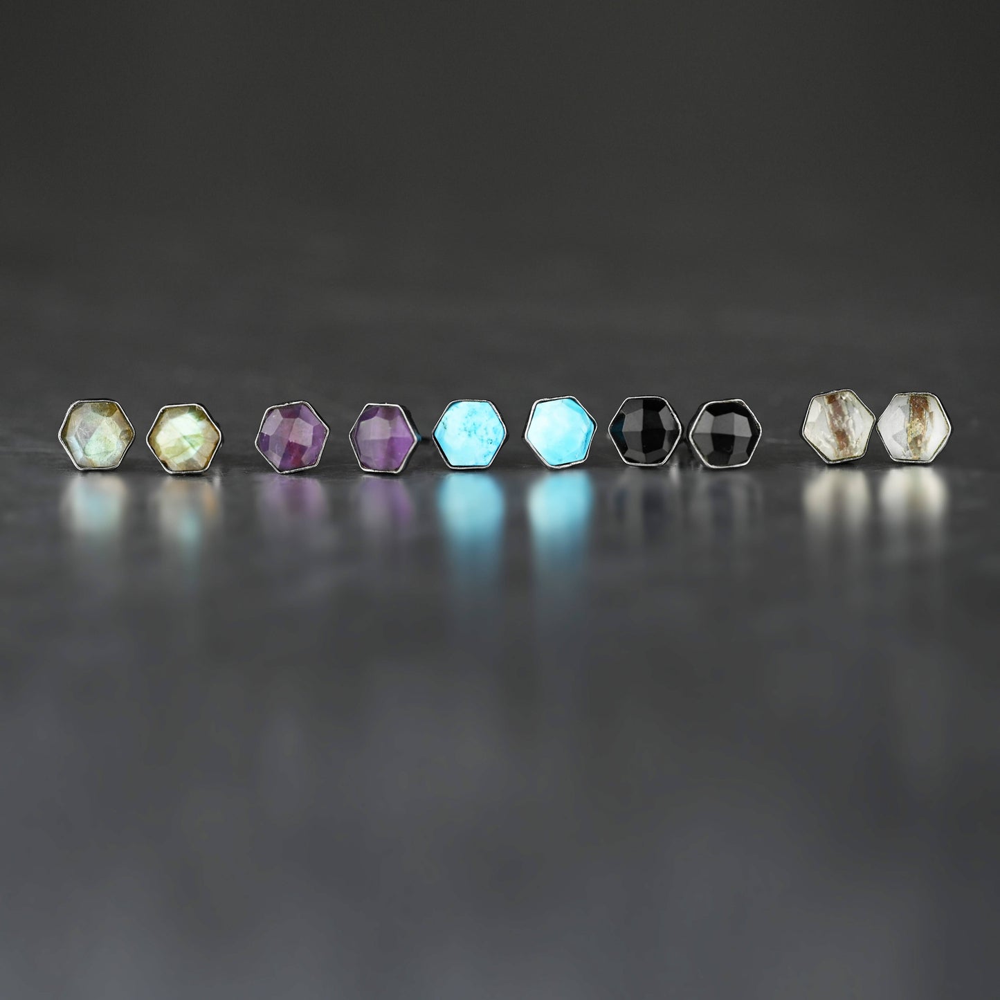 Semi Precious Hexagon Gemstone Studs (8mm)  (Gunmetal)