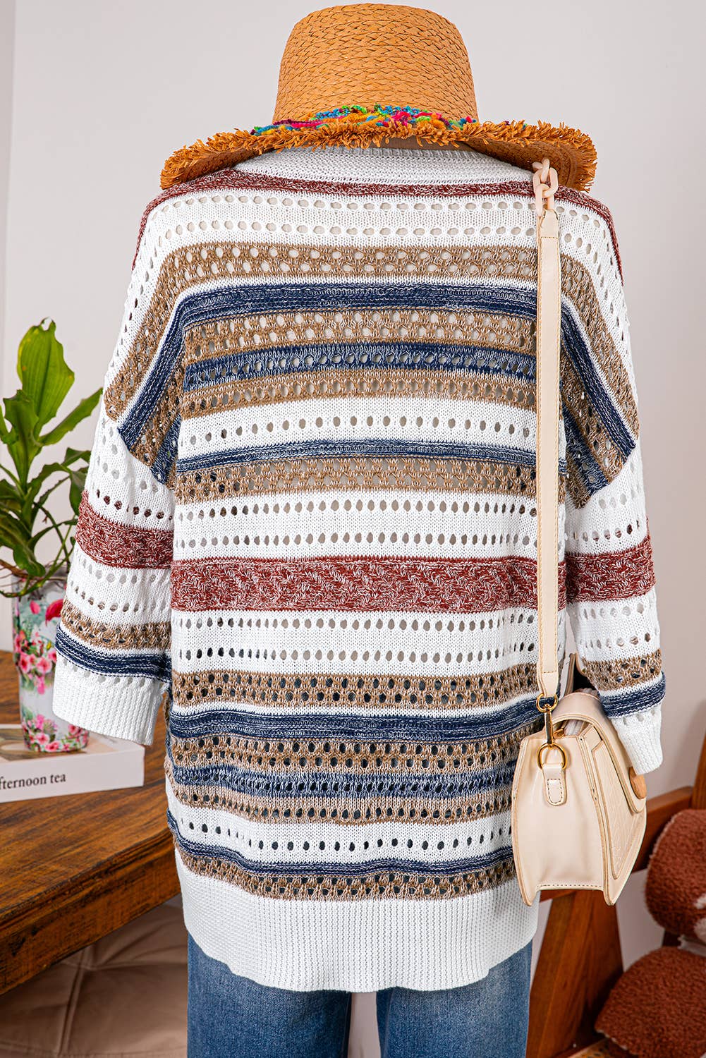 Fashion-W Stripe Hollow Out Half Sleeve Knitted Sweater