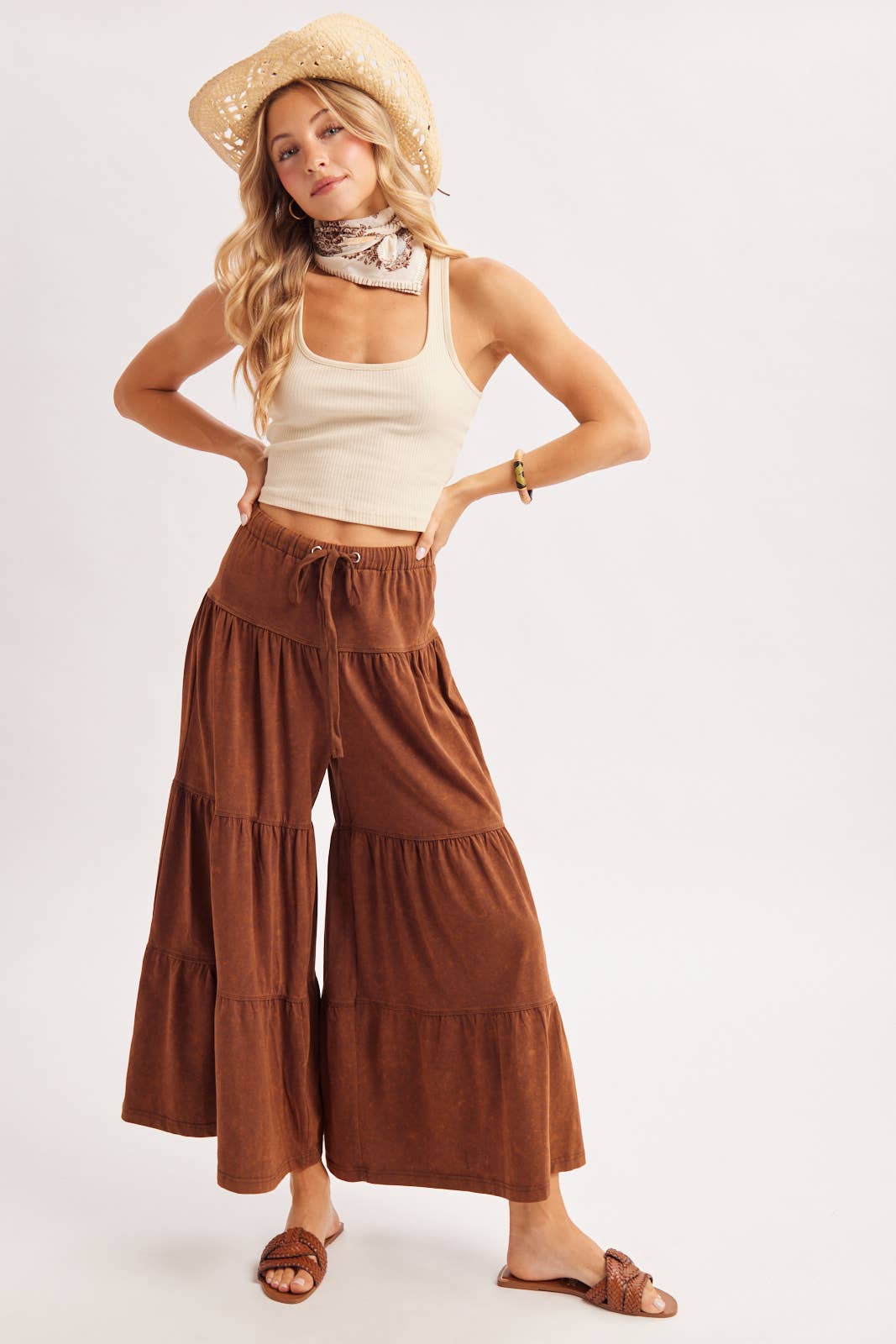 BOHO TIERED DRAWSTRING WIDE LEG PANTS