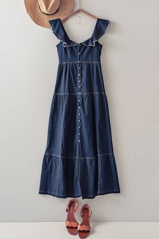 Lea Frayed Shoulder Straps Maxie Denim Dress