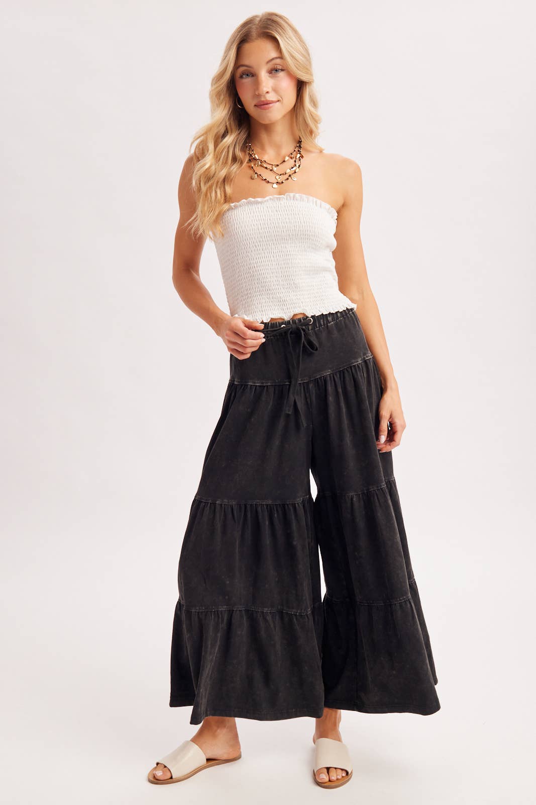 BOHO TIERED DRAWSTRING WIDE LEG PANTS
