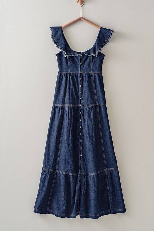 Lea Frayed Shoulder Straps Maxie Denim Dress