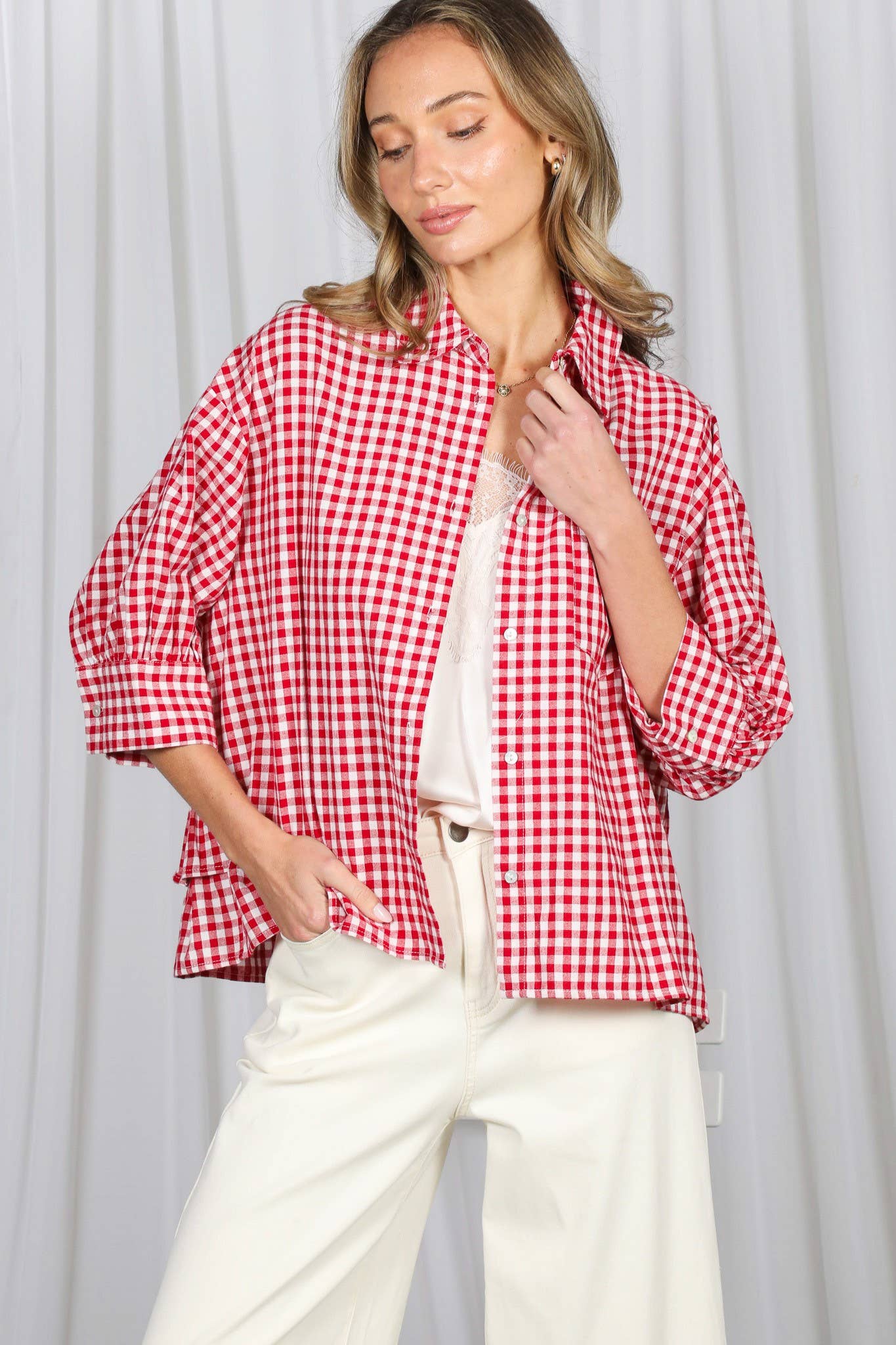 Gingham Puff Sleeve Ruffle Accent 100%Cotton Shirt VT83518C