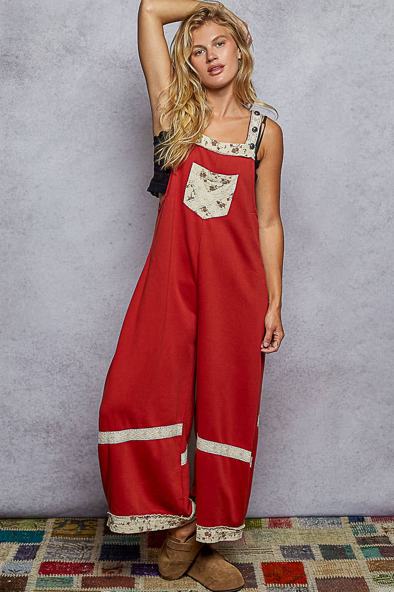 Tomato French terry knit overalls
