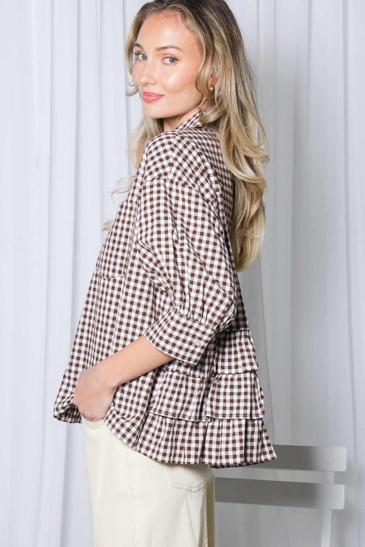 Gingham Puff Sleeve Ruffle Accent 100%Cotton Shirt VT83518C