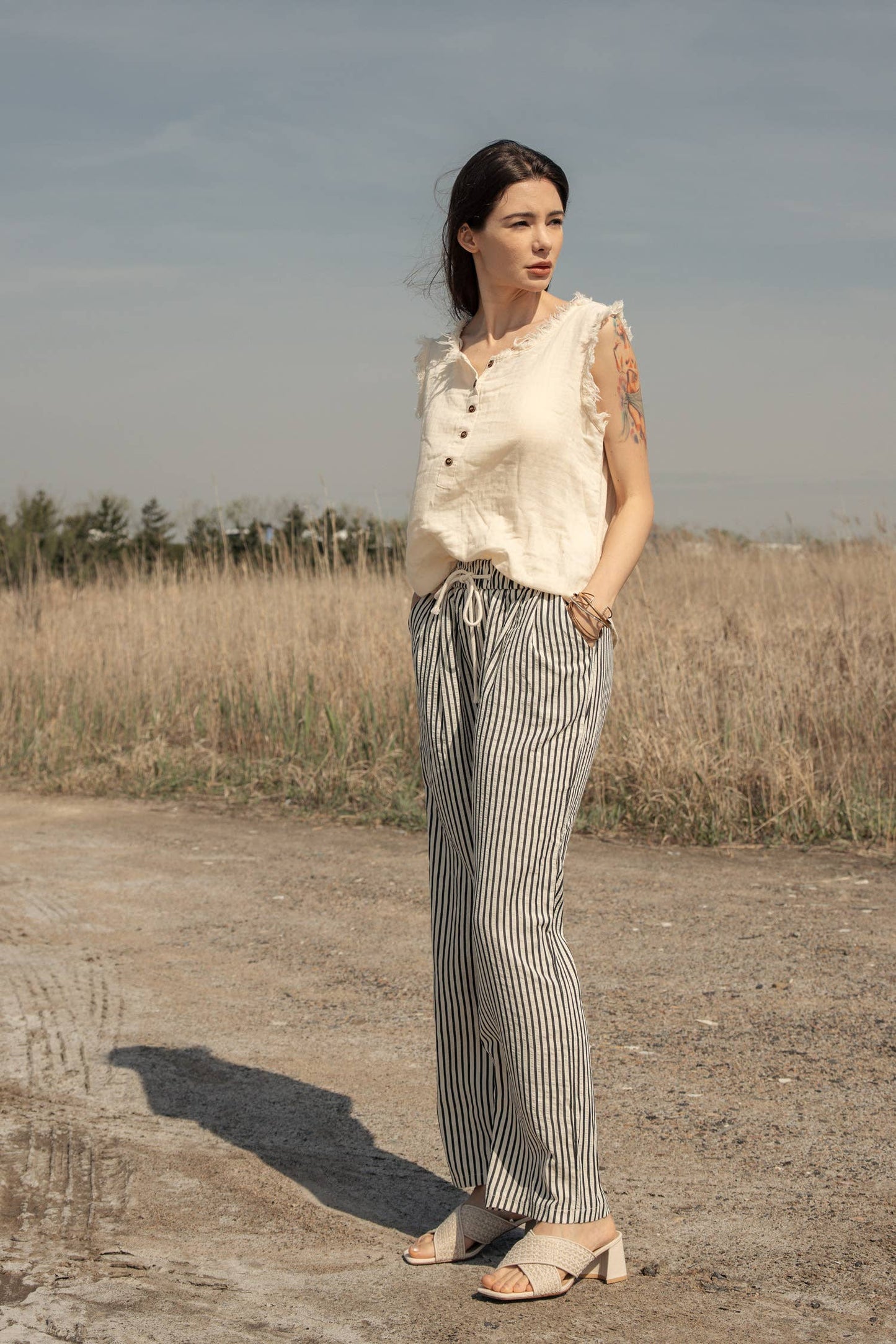 Stegla Elastic Waist Tie Stripe Wide Fit Pants