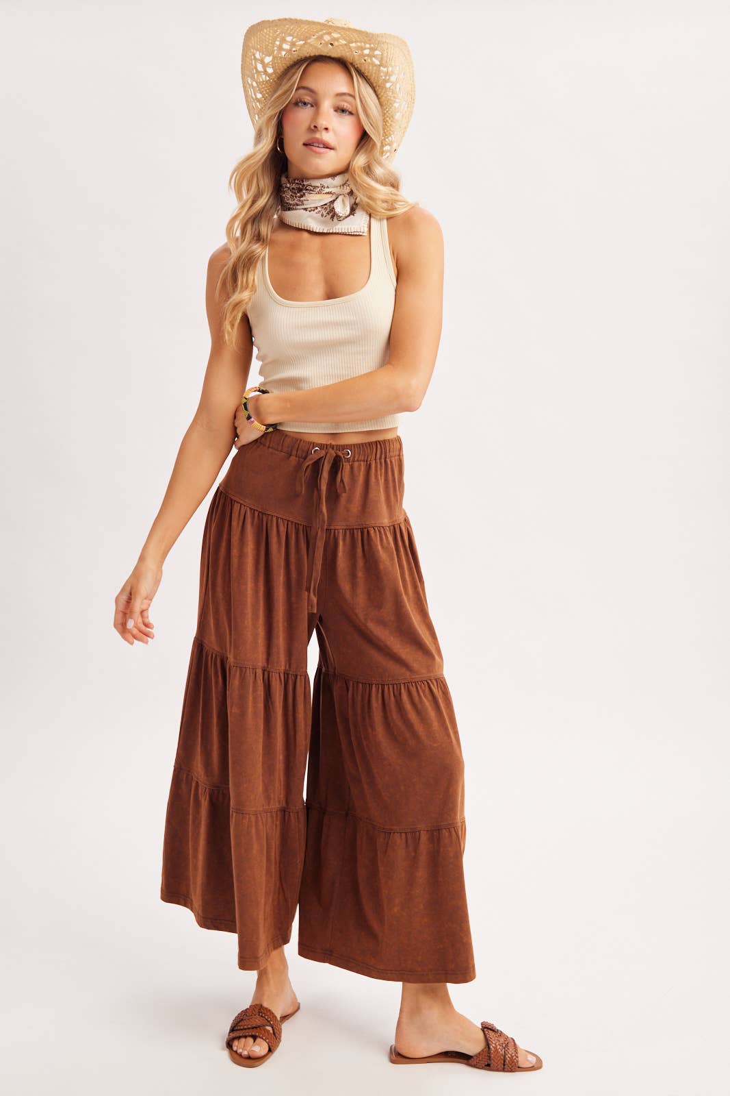 BOHO TIERED DRAWSTRING WIDE LEG PANTS