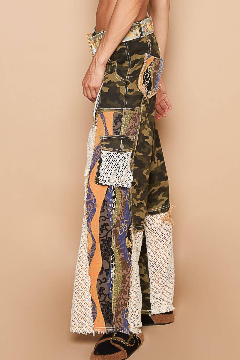 Printed patchwork detail woven twill pants