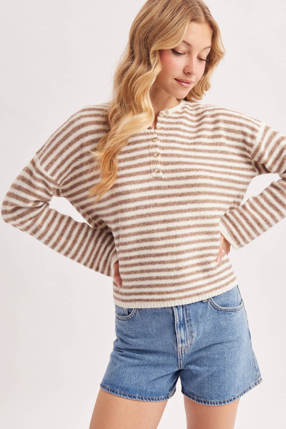 RELAXED STRIPE HENLEY KNIT PULLOVER