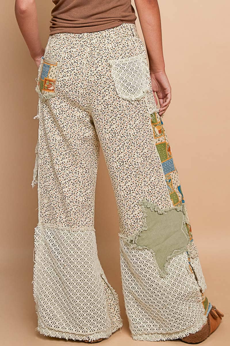 Printed patchwork detail woven twill pants