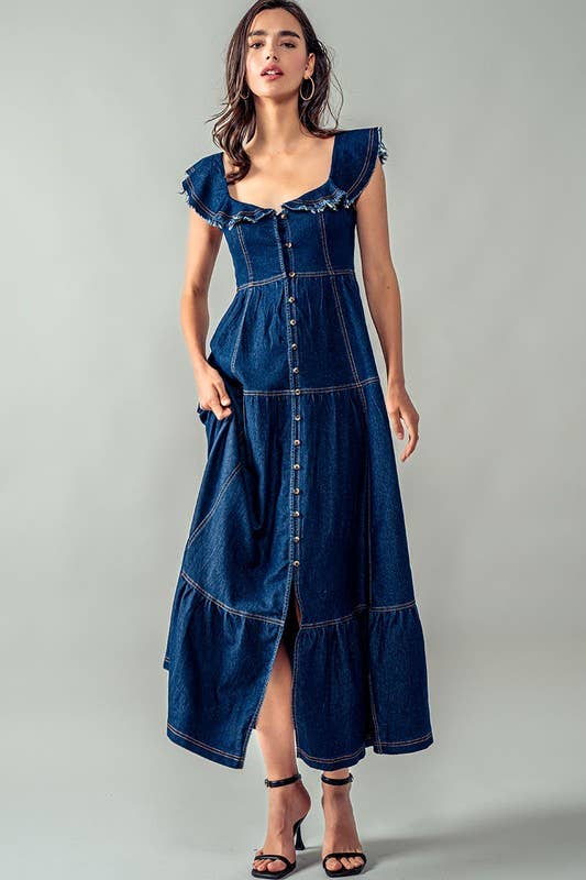 Lea Frayed Shoulder Straps Maxie Denim Dress