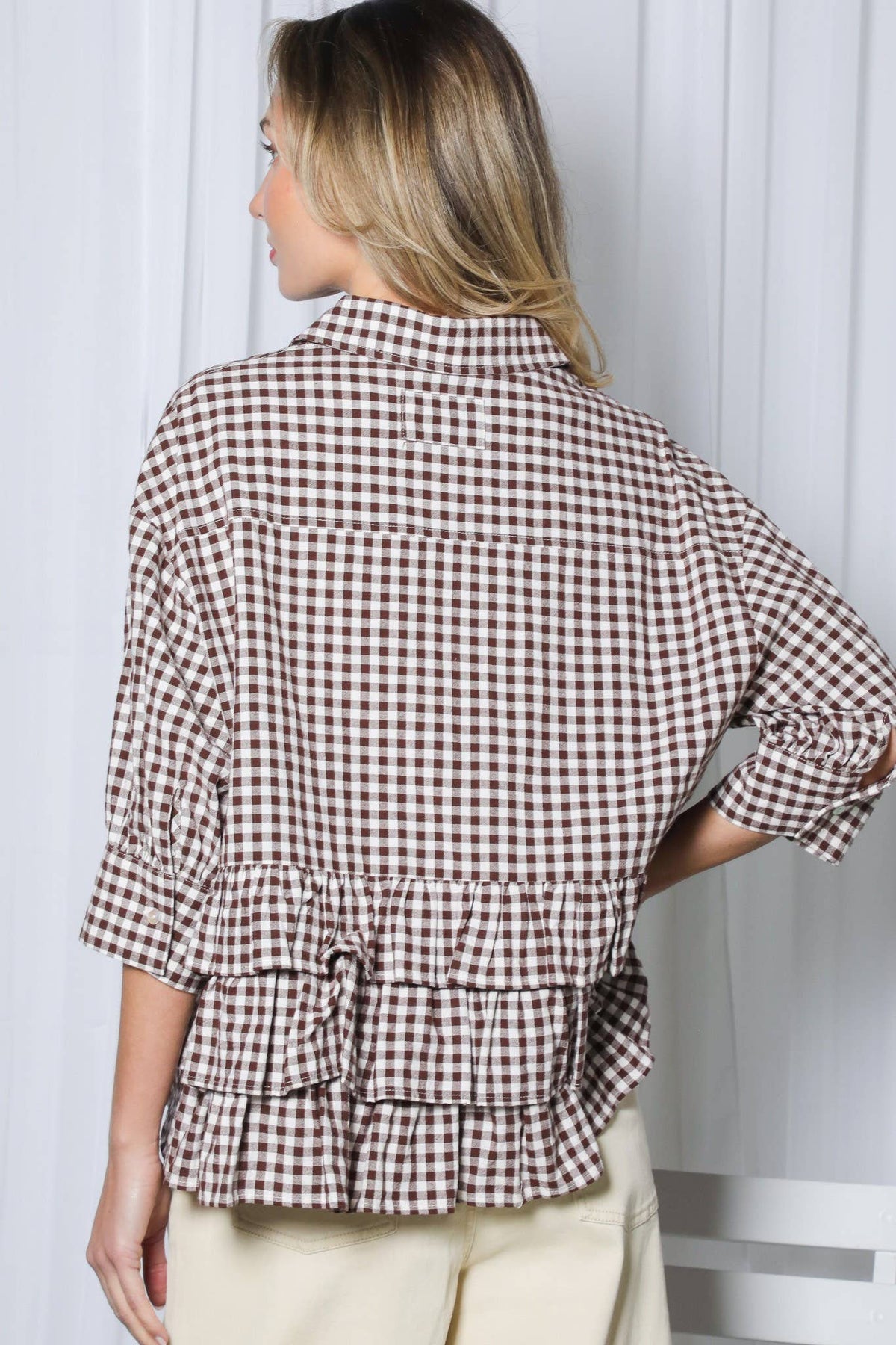 Gingham Puff Sleeve Ruffle Accent 100%Cotton Shirt VT83518C