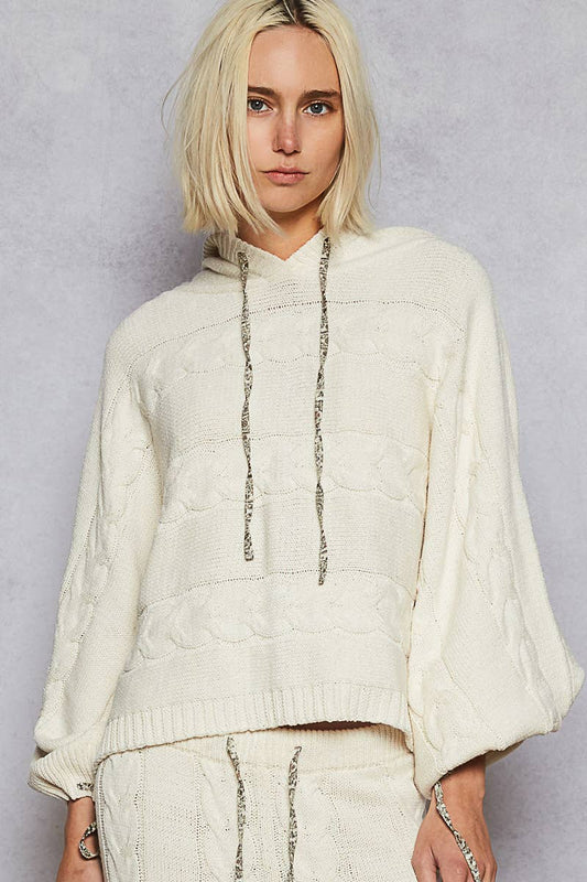 Balloon sleeve chenille twisted weave hoodie sweater