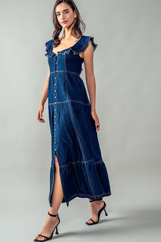 Lea Frayed Shoulder Straps Maxie Denim Dress