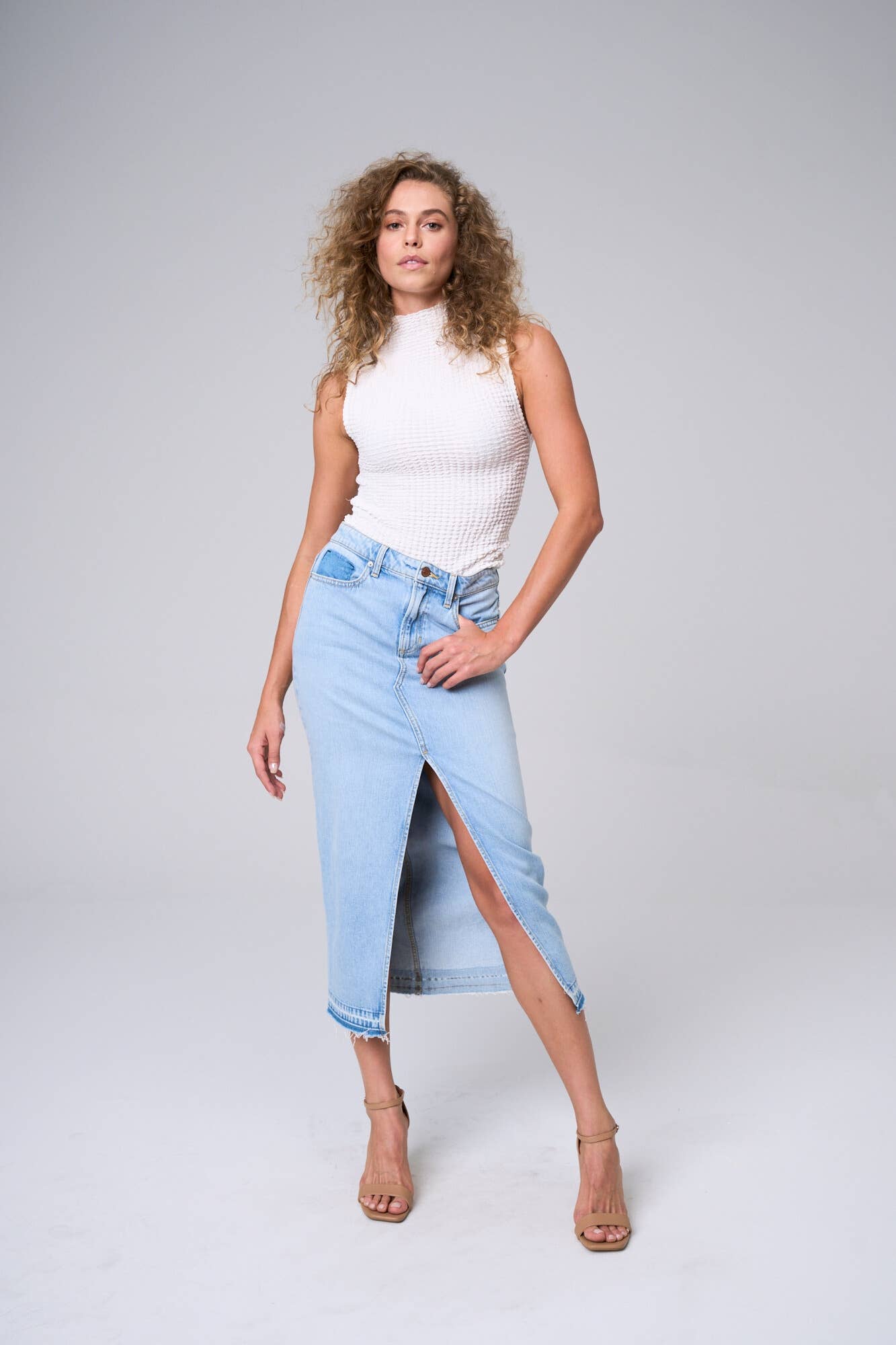 Joplin Maxi Skirt w/front Slit & Frayed Hem in Light Denim