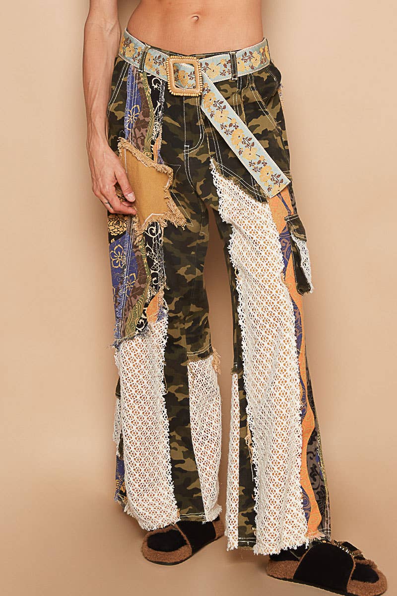 Printed patchwork detail woven twill pants