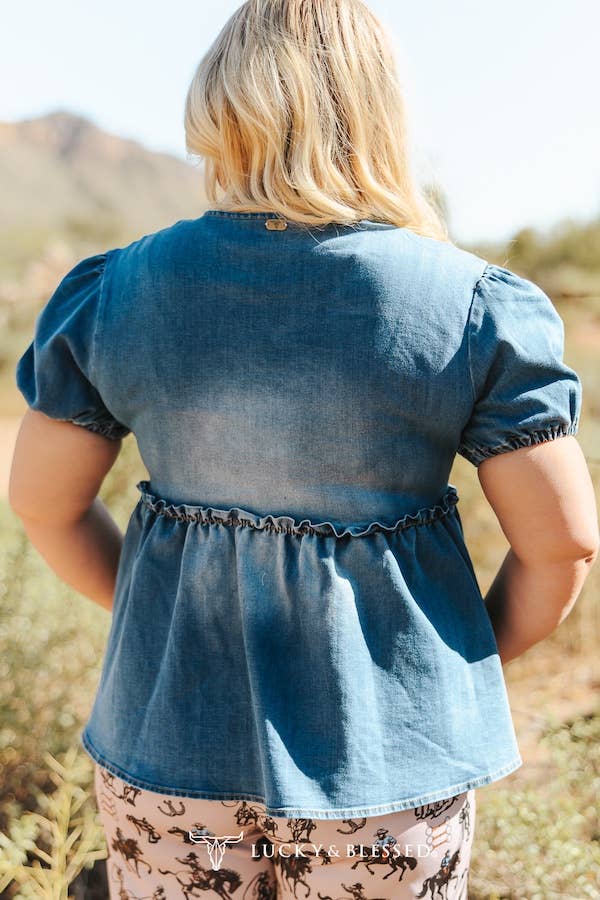 Denim Puff Sleeve Peplum Top W Western Buckle Front Detail