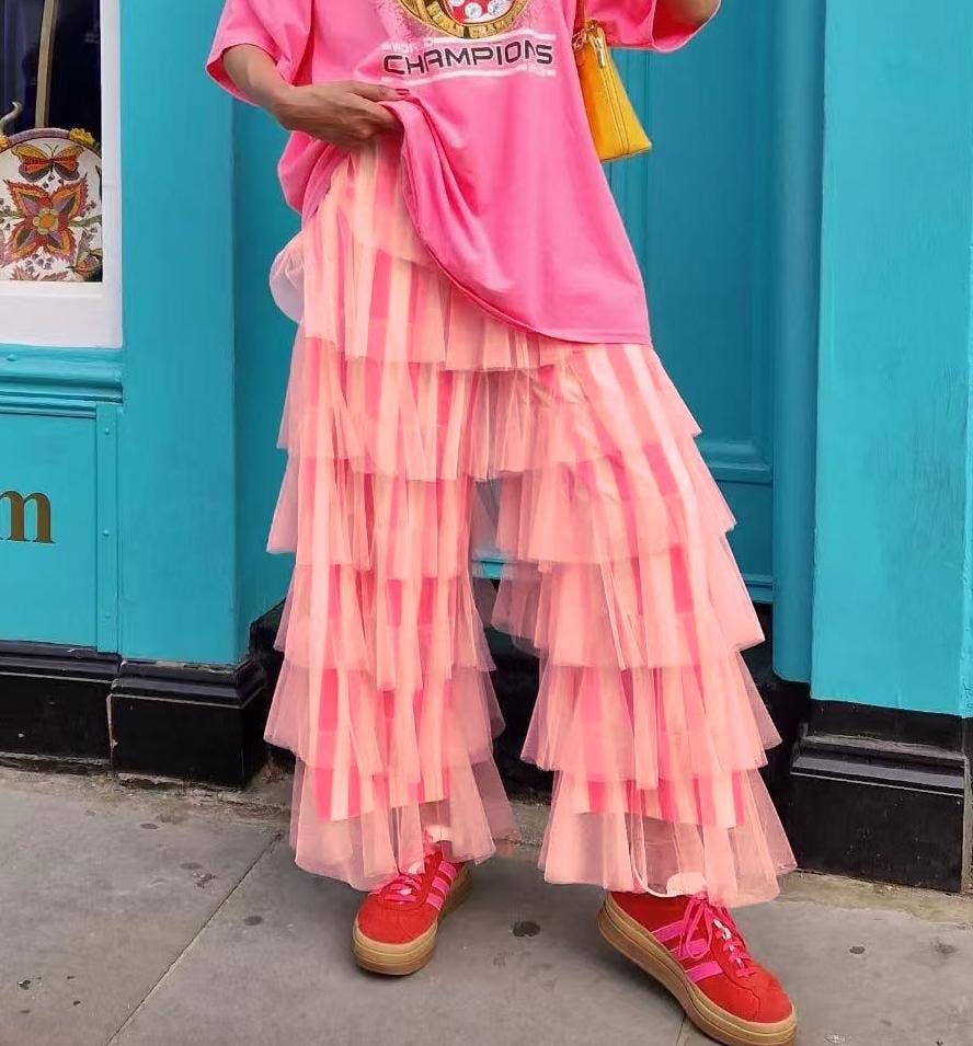 Striped Ruffles Trousers Wide-leg Tulle Pants