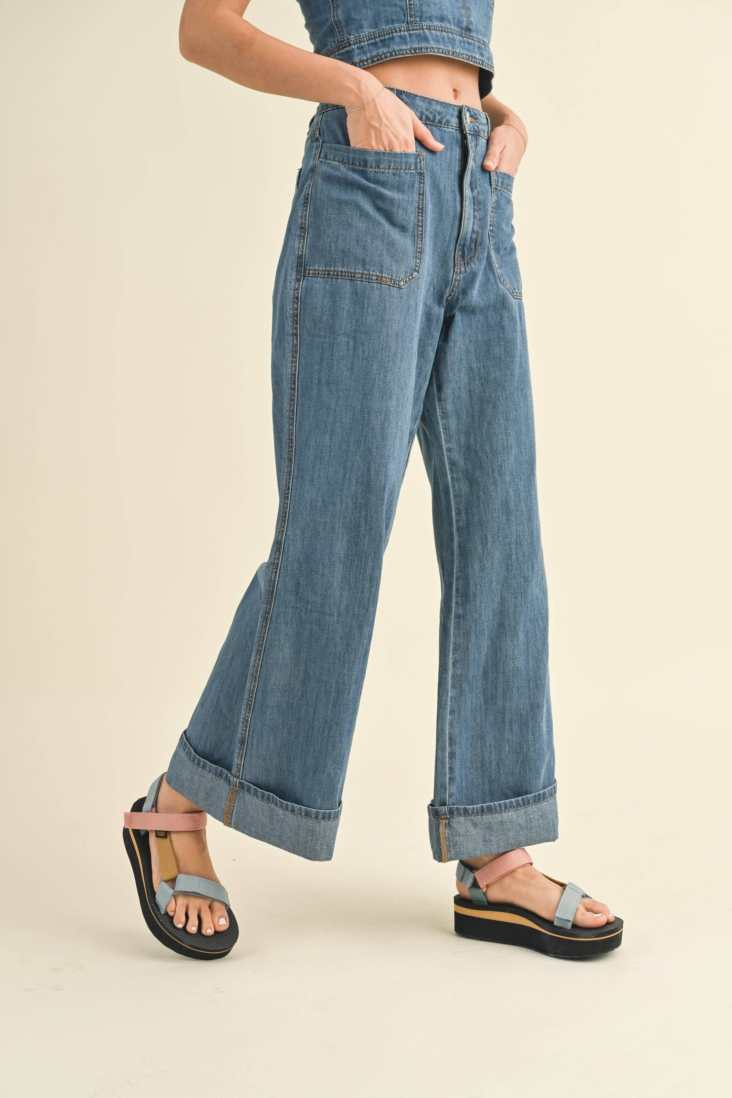 Caty Cuffed Bottom with Front Pocket Denim Pants