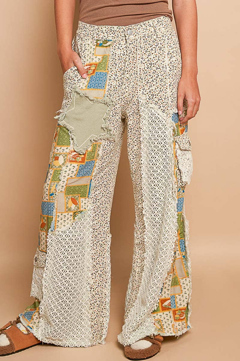 Printed patchwork detail woven twill pants