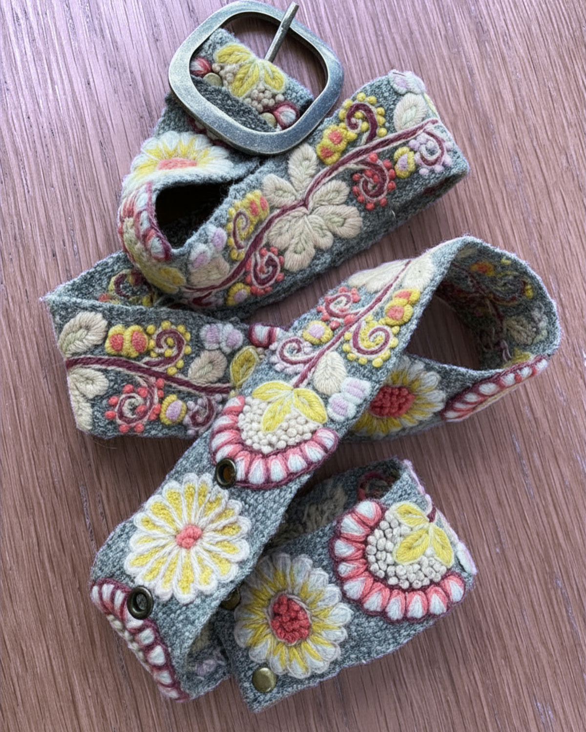 Heather Gray Floral Embroidered Wool Belt