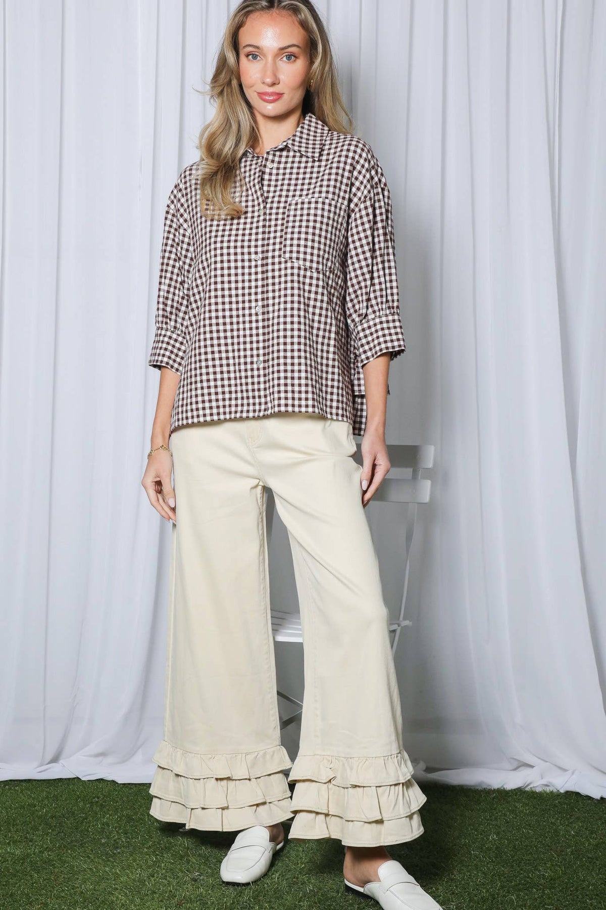 Gingham Puff Sleeve Ruffle Accent 100%Cotton Shirt VT83518C
