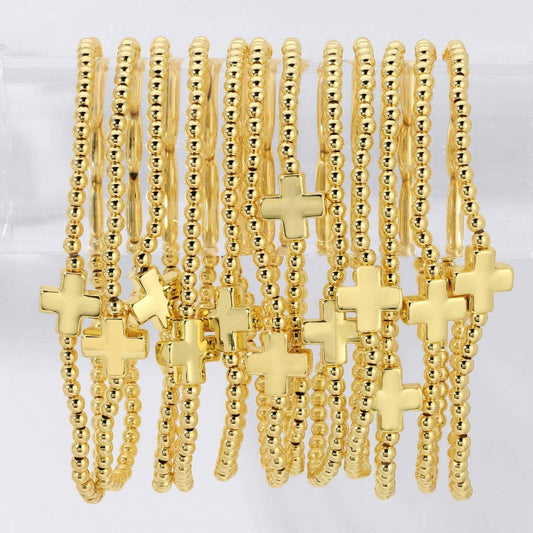 3mm Beaded Stretch Bracelet with Single Gold Cross
