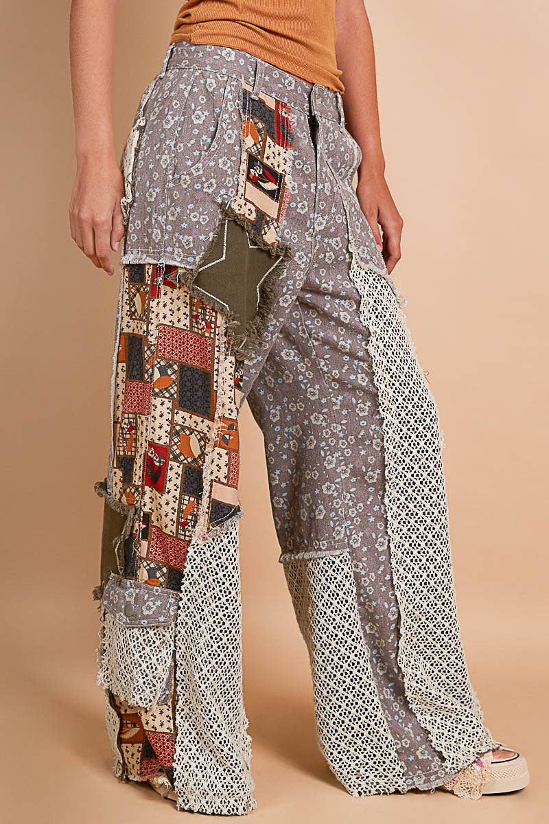 Printed patchwork detail woven twill pants