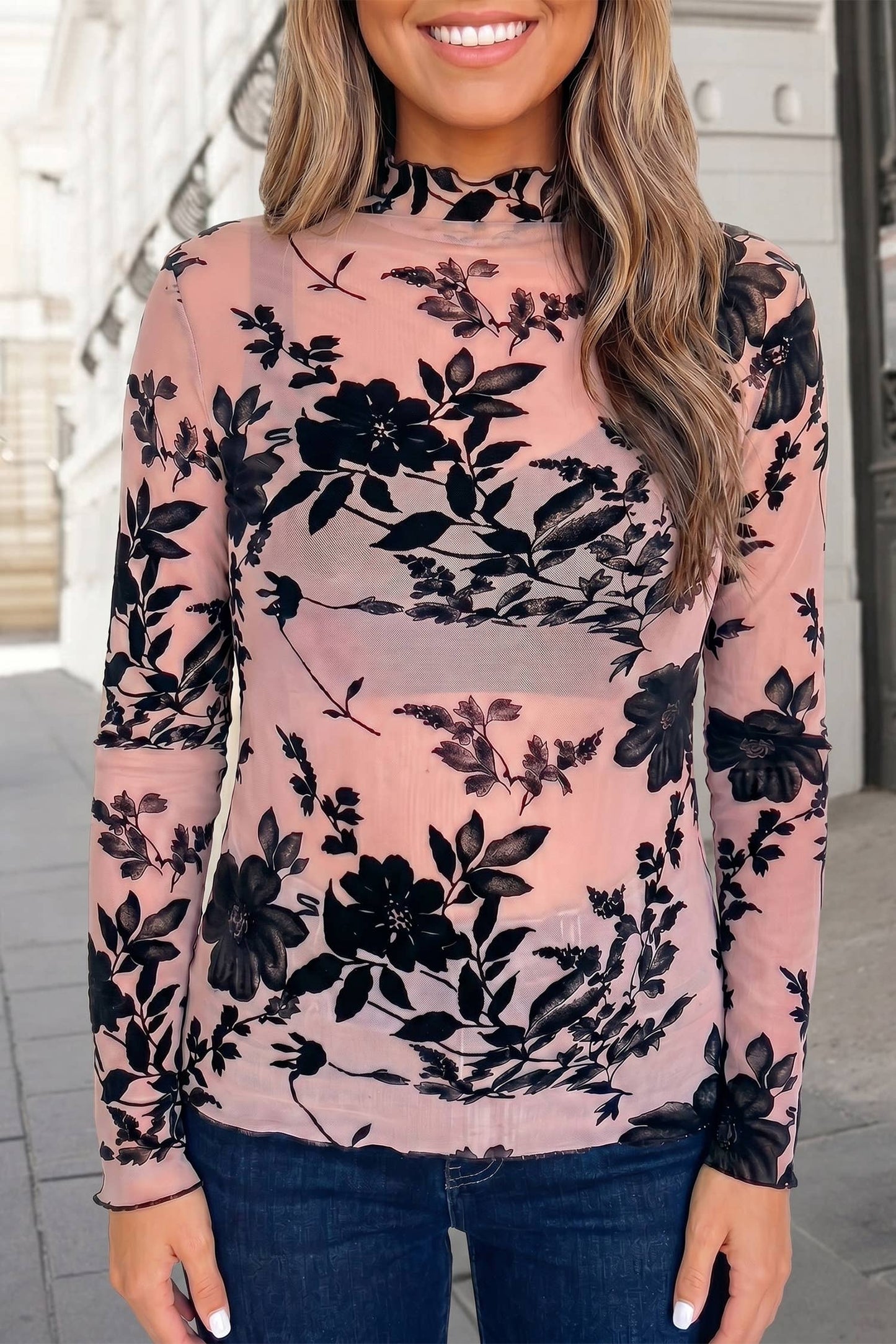 Retro Floral Print Mesh Long Sleeve Top
