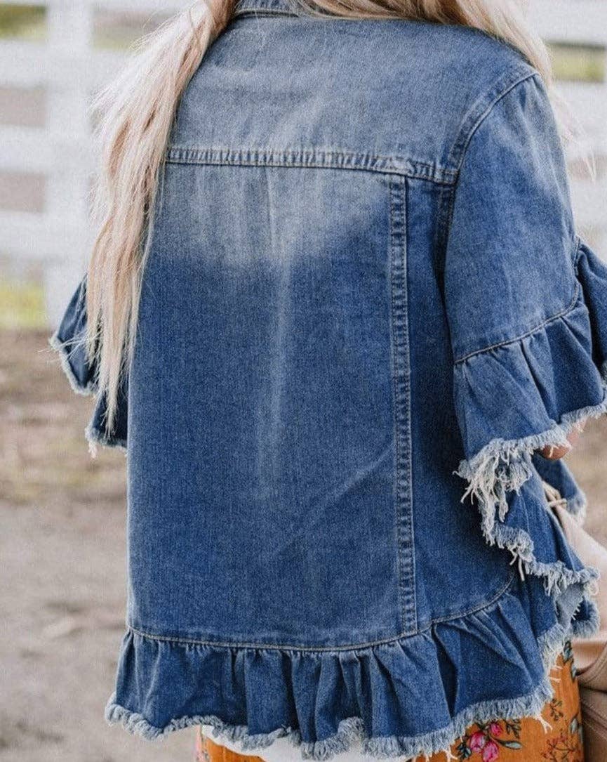 Leila Denim Ruffle Raw Edge Jacket