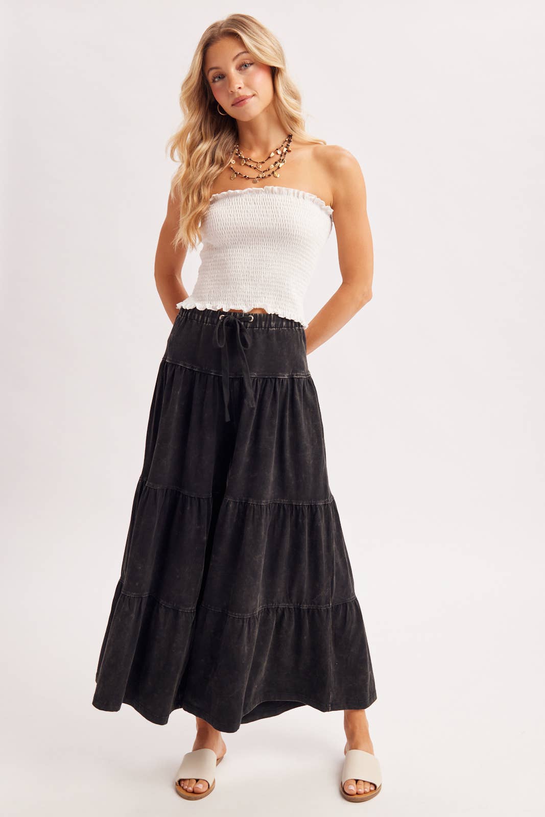 BOHO TIERED DRAWSTRING WIDE LEG PANTS