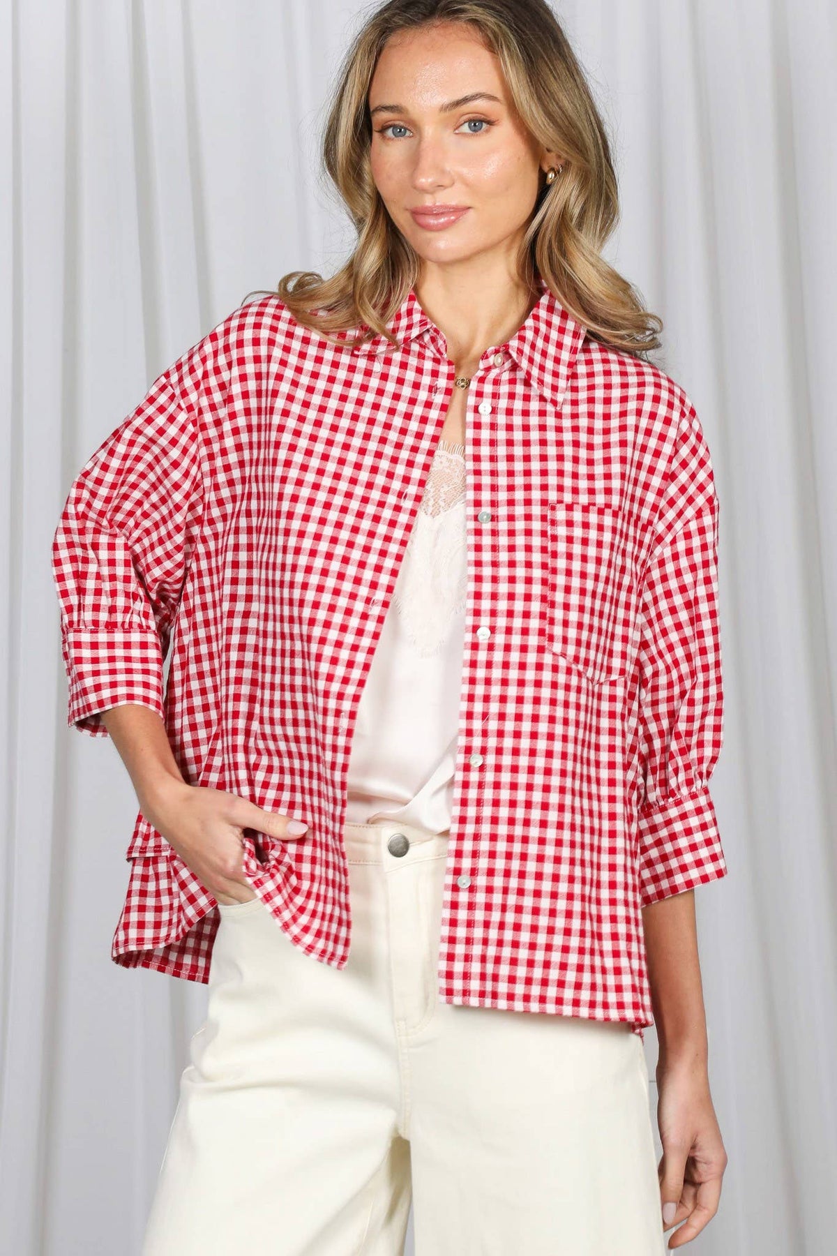 Gingham Puff Sleeve Ruffle Accent 100%Cotton Shirt VT83518C