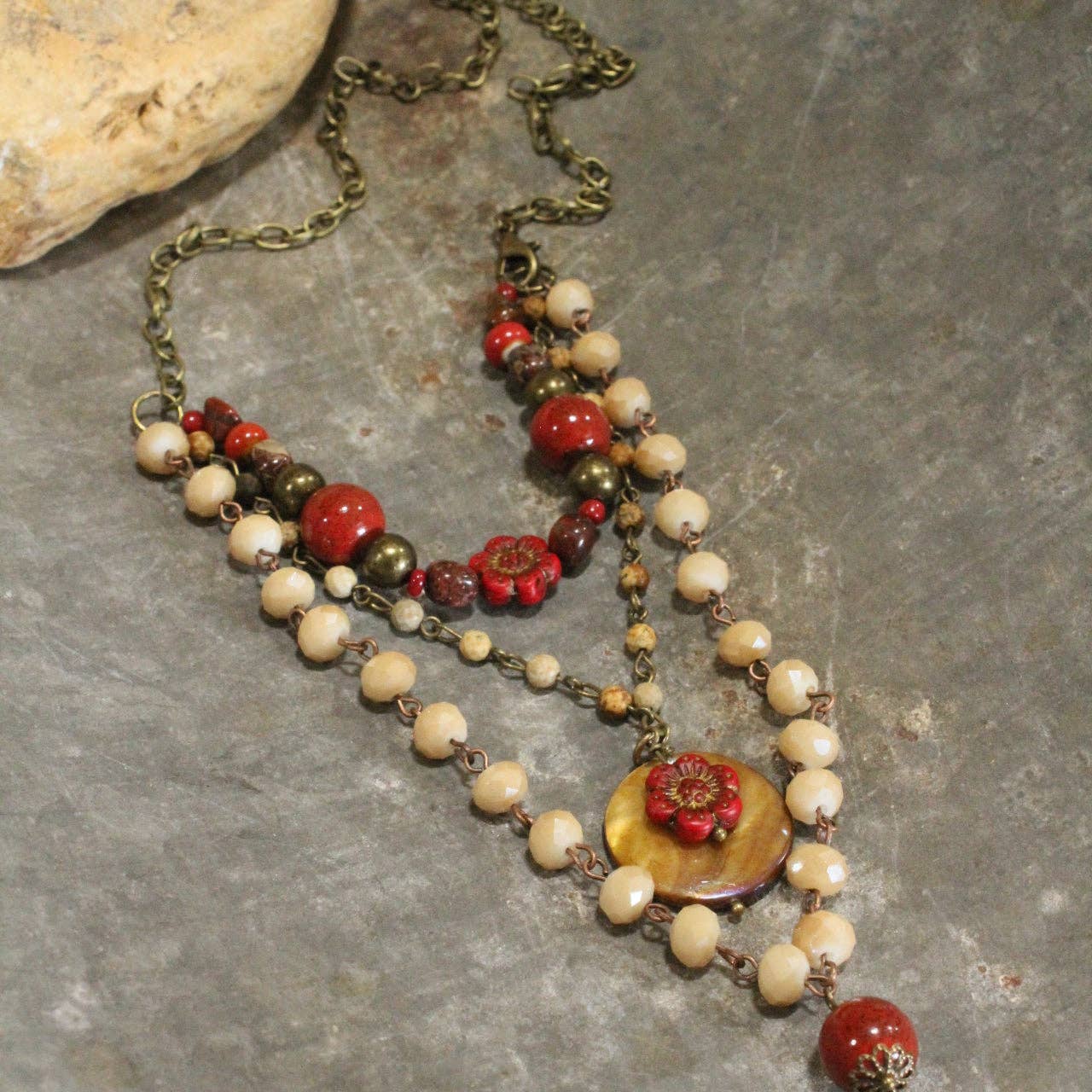 Red Czech Flower Stone Layered Pendant Necklace