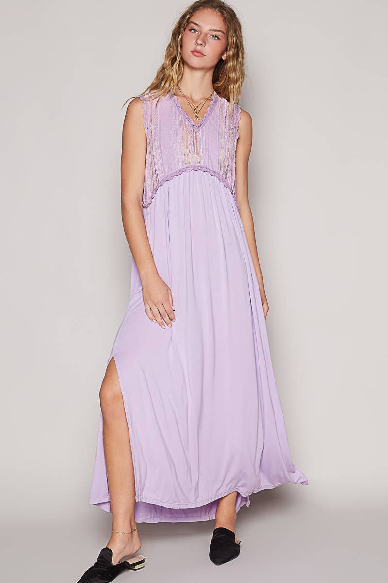 V-neck sleeveless cut sew knit lace trim solid dress
