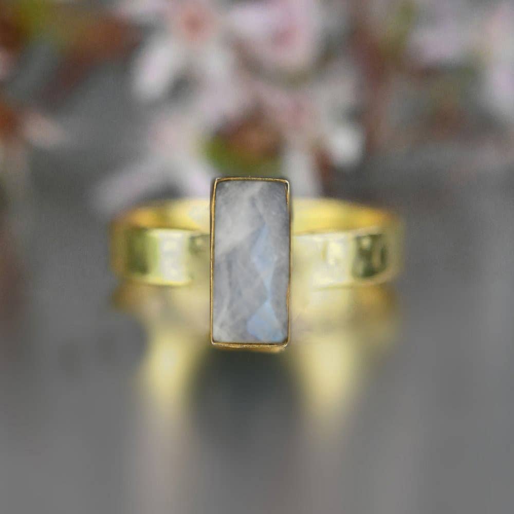 Moonstone Rectangle Ring on a Hand Hammered Band