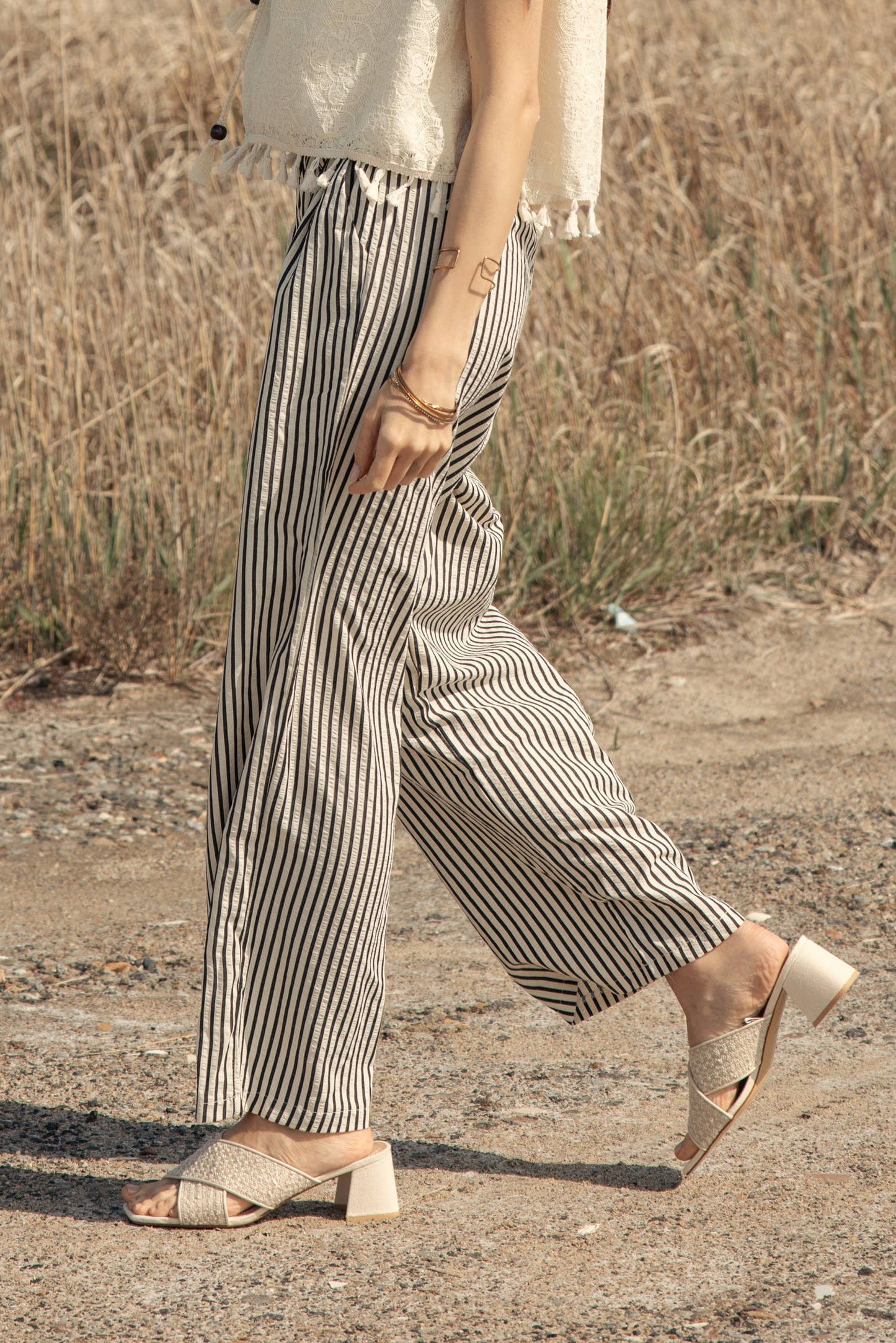 Stegla Elastic Waist Tie Stripe Wide Fit Pants