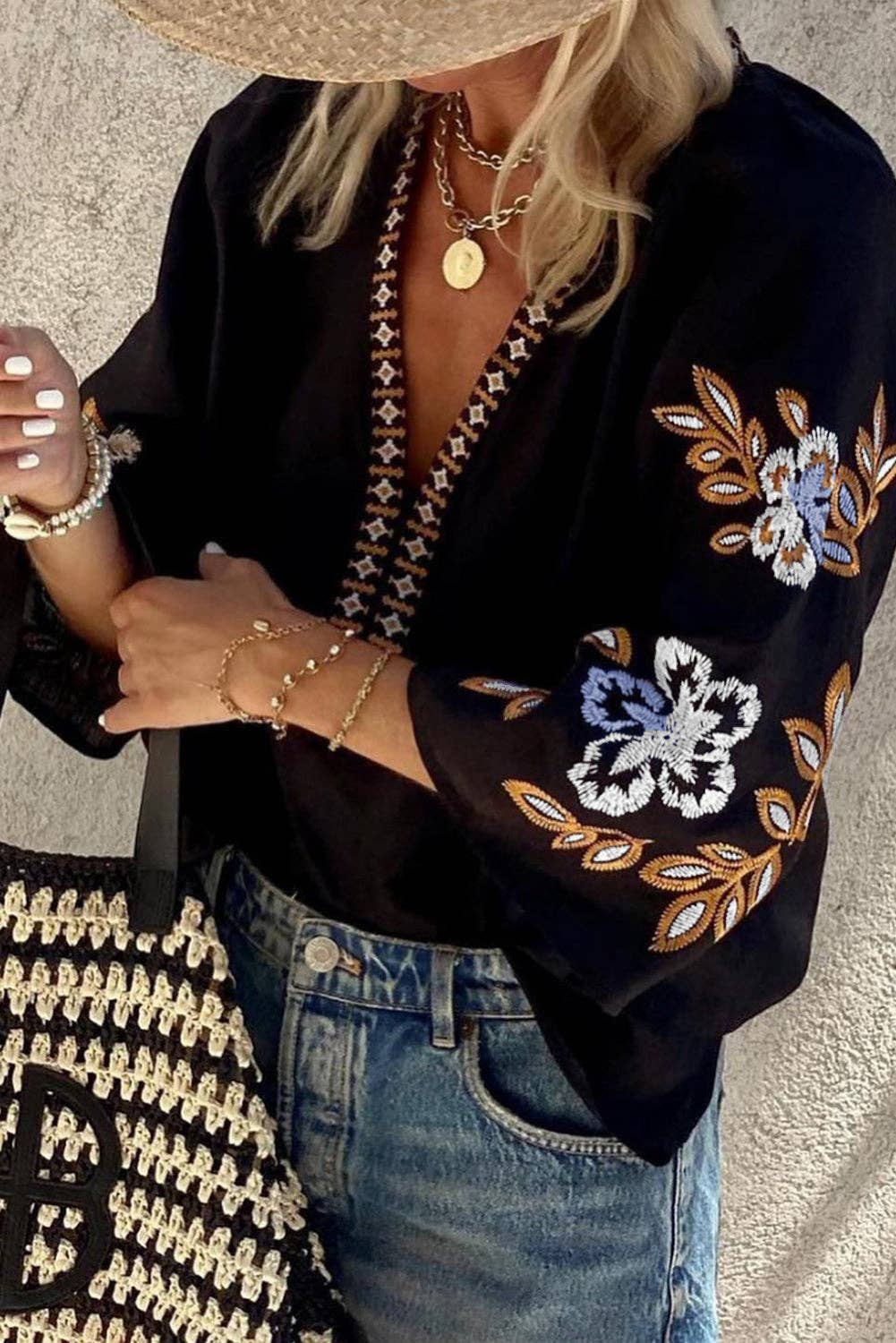 Viva Boho Floral Embroidered V-Neck Blouse