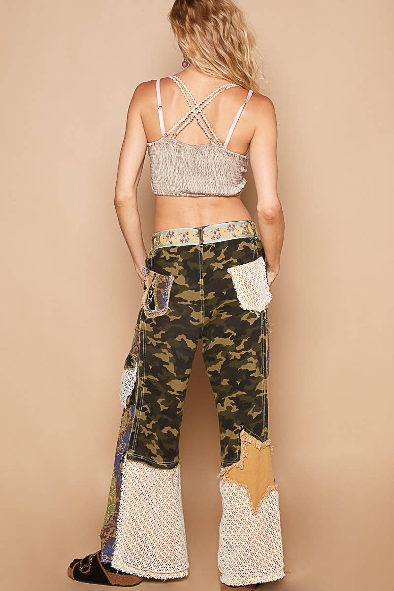 Printed patchwork detail woven twill pants