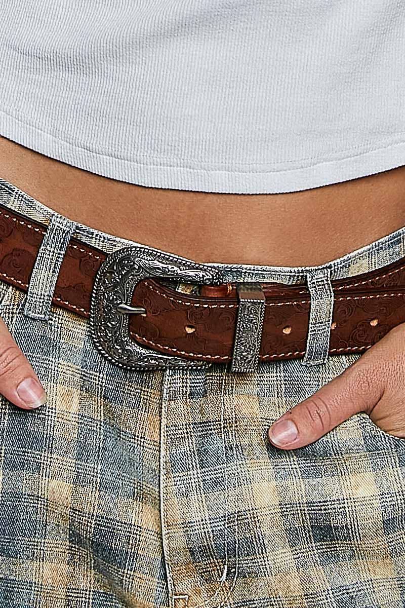 Floral Embossed Leather Belt
