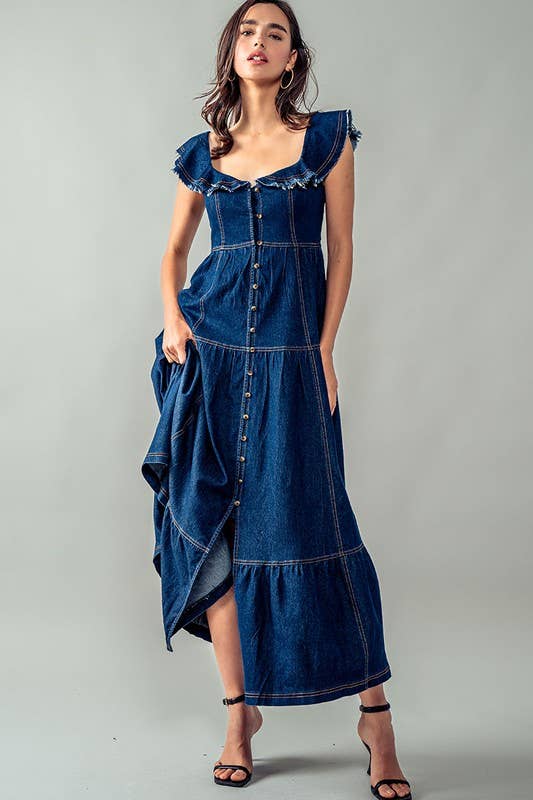 Lea Frayed Shoulder Straps Maxie Denim Dress