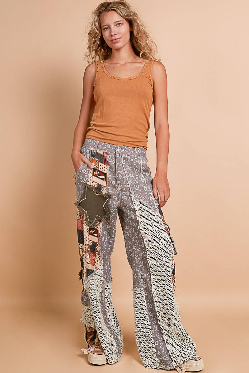 Printed patchwork detail woven twill pants