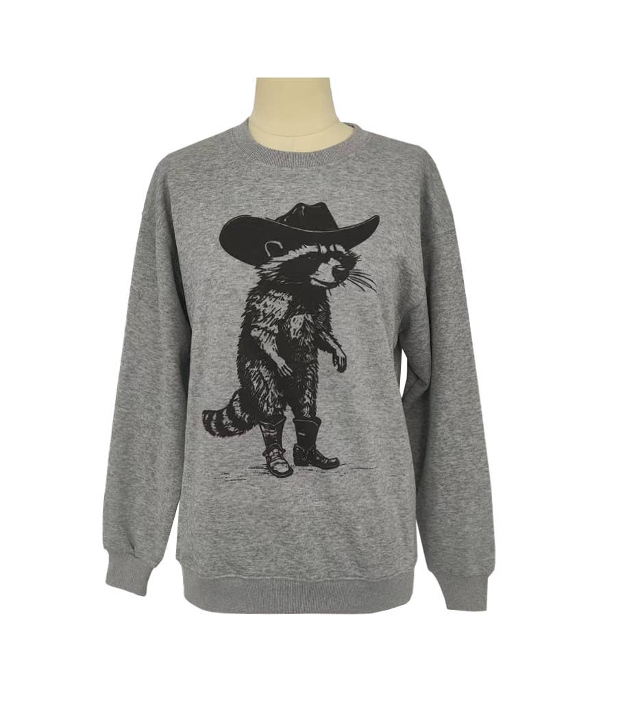 Southern Cowboy Spirit Raccoon print crew sweatshirt: Grey / XL