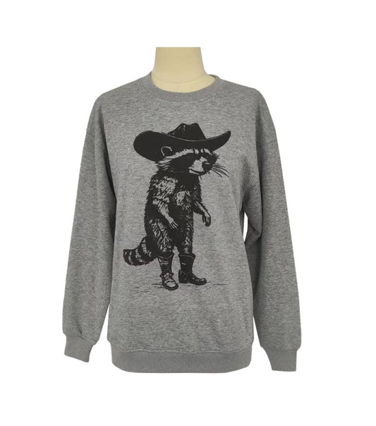 Southern Cowboy Spirit Raccoon print crew sweatshirt: Grey / XL
