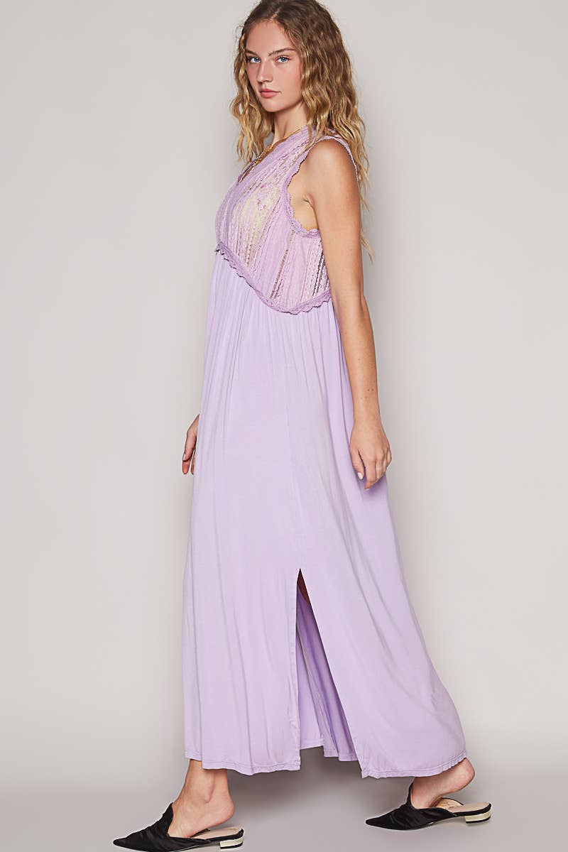 V-neck sleeveless cut sew knit lace trim solid dress
