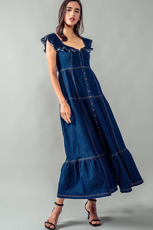 Lea Frayed Shoulder Straps Maxie Denim Dress