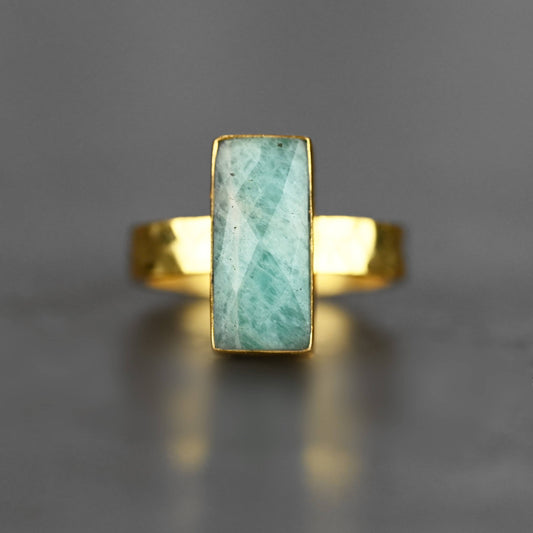 Amazonite  Rectangle Ring on a Hand Hammered Band