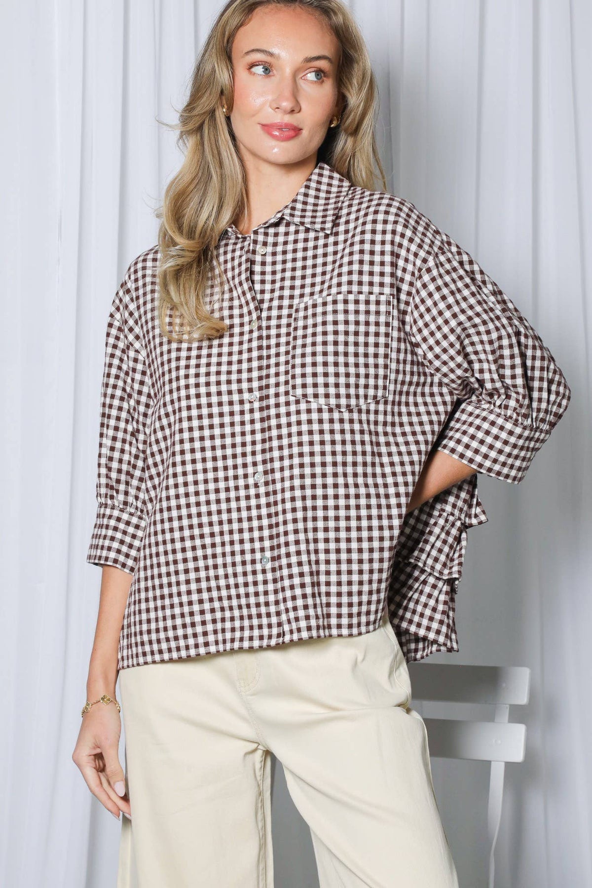 Gingham Puff Sleeve Ruffle Accent 100%Cotton Shirt VT83518C