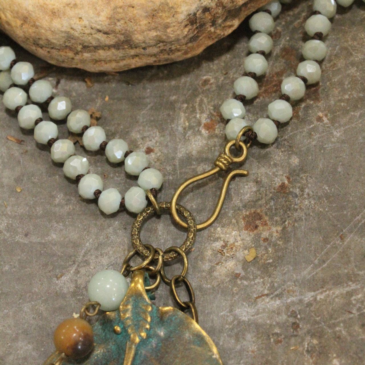 Verdigris Leaf & Beaded Stone Necklace